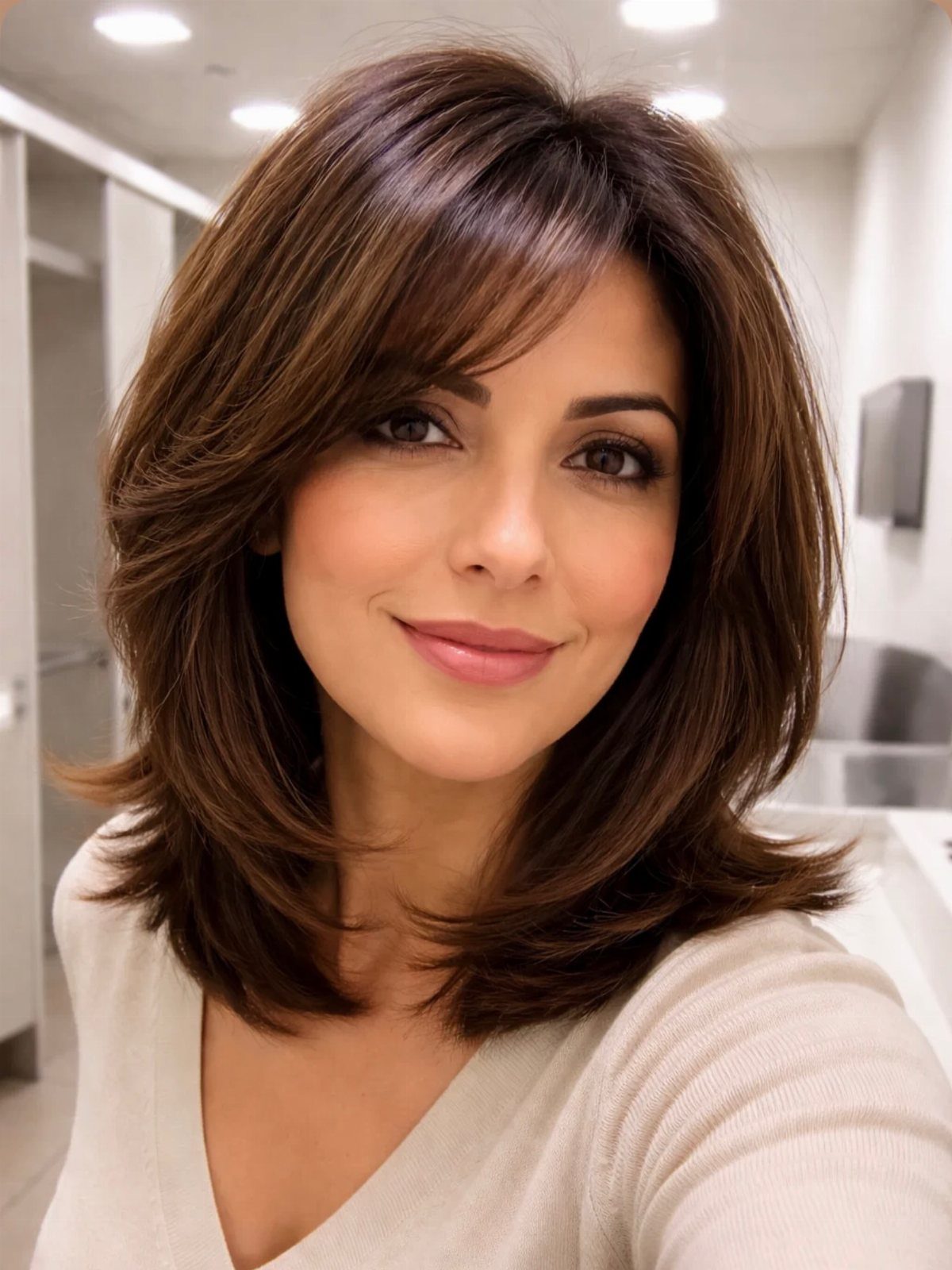 Woman with a shoulder-length layered blowout and side-swept bangs in a salon