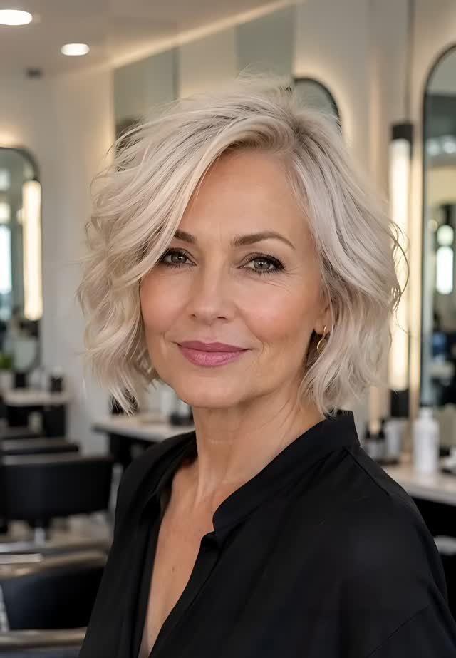 Woman with a wavy blonde bob and side-swept fringe in a salon