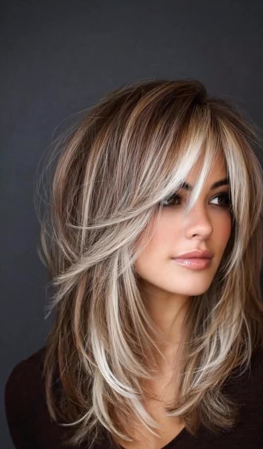 Woman showing layered shoulder-length blonde hair with side-swept bangs