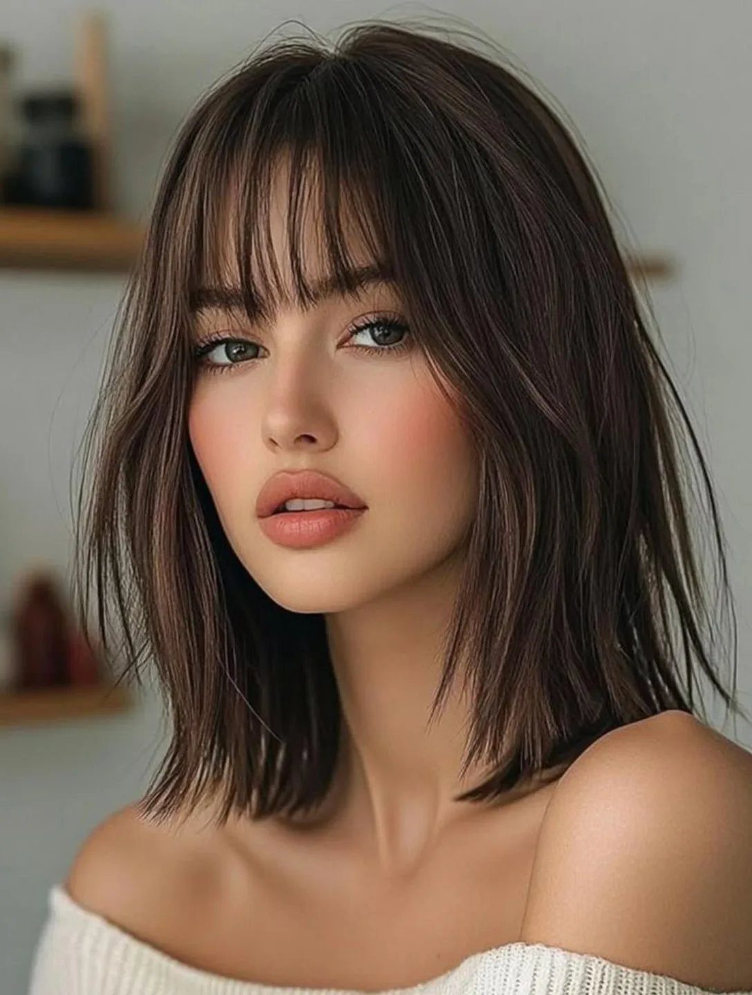 Woman with a shoulder-length dark lob and full, straight fringe