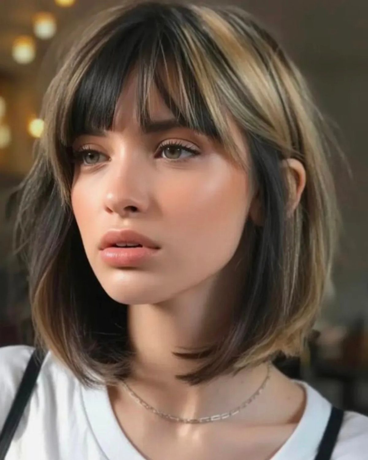 Woman with a shoulder-length bob and wispy feathery bangs