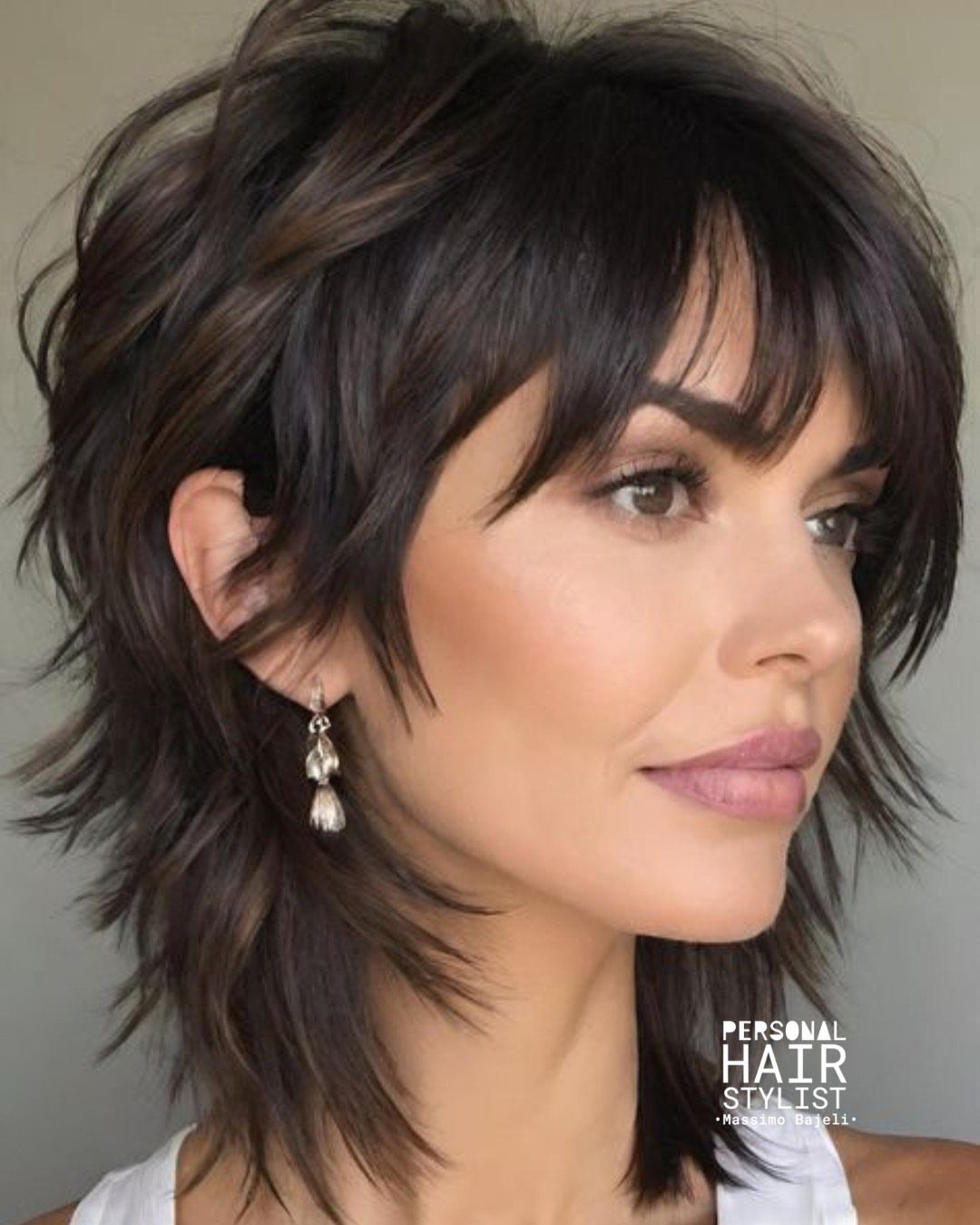 Woman showing a tousled dark shag haircut with wispy bangs and feathered layers