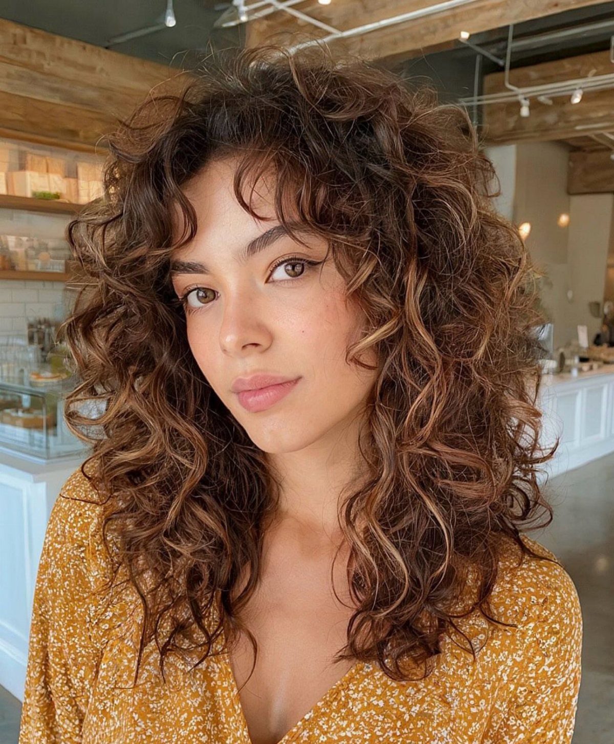 Woman with shoulder-length brown hair mixing soft waves and ringlet-like curls