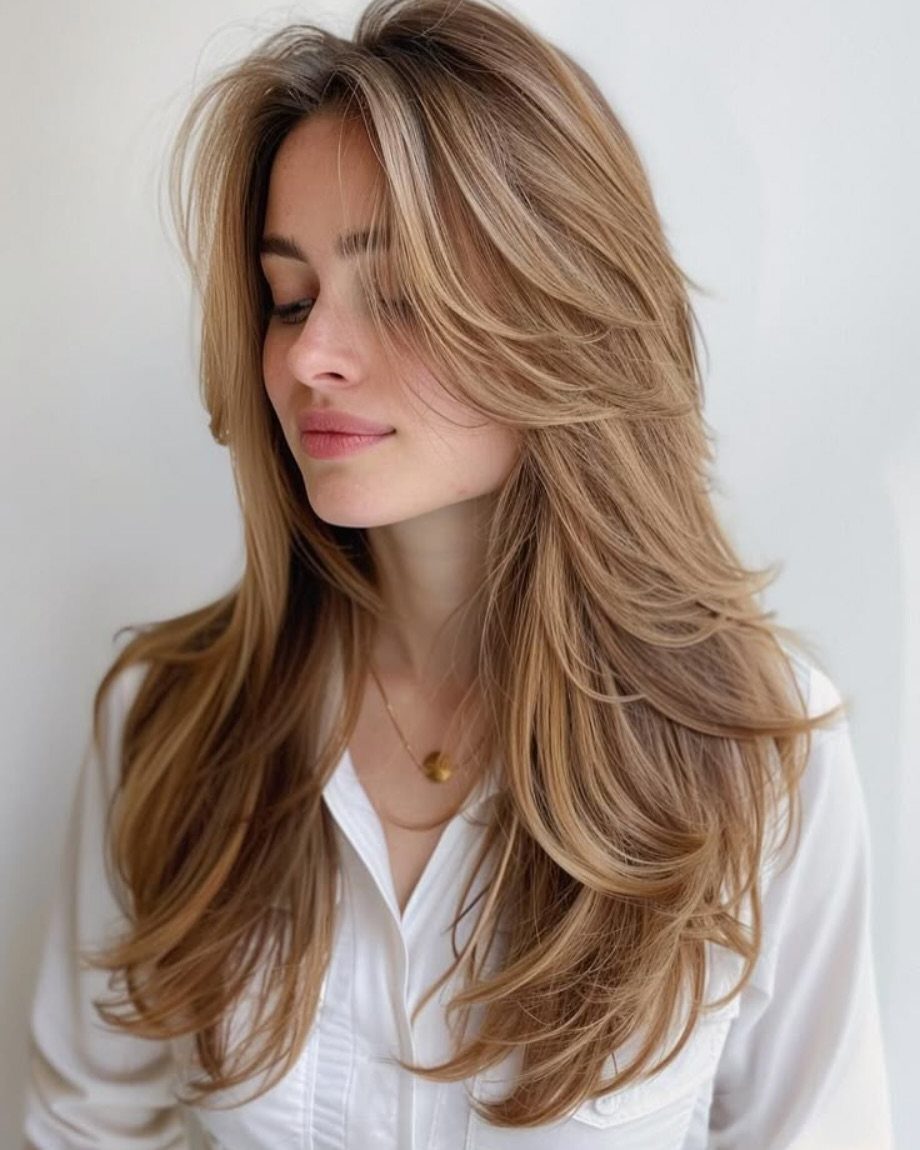 Woman with long, softly waved layered blonde-brown hair and face-framing pieces