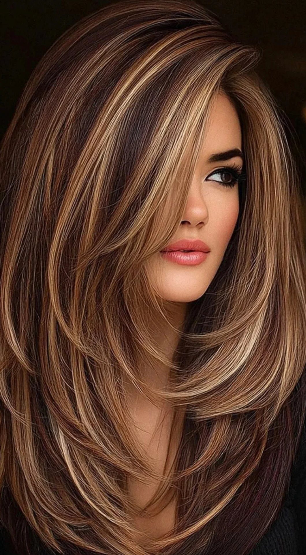 Woman with long brunette hair styled in voluminous, face-framing layers