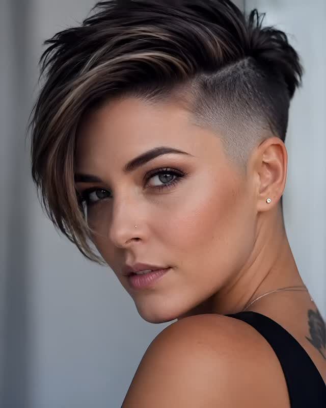Woman showing an asymmetrical pixie with a long swept top and shaved sides
