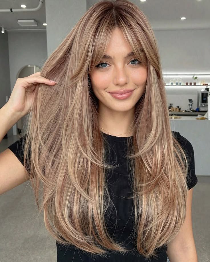 Woman displaying long straight layered hair with face-framing bangs in a salon