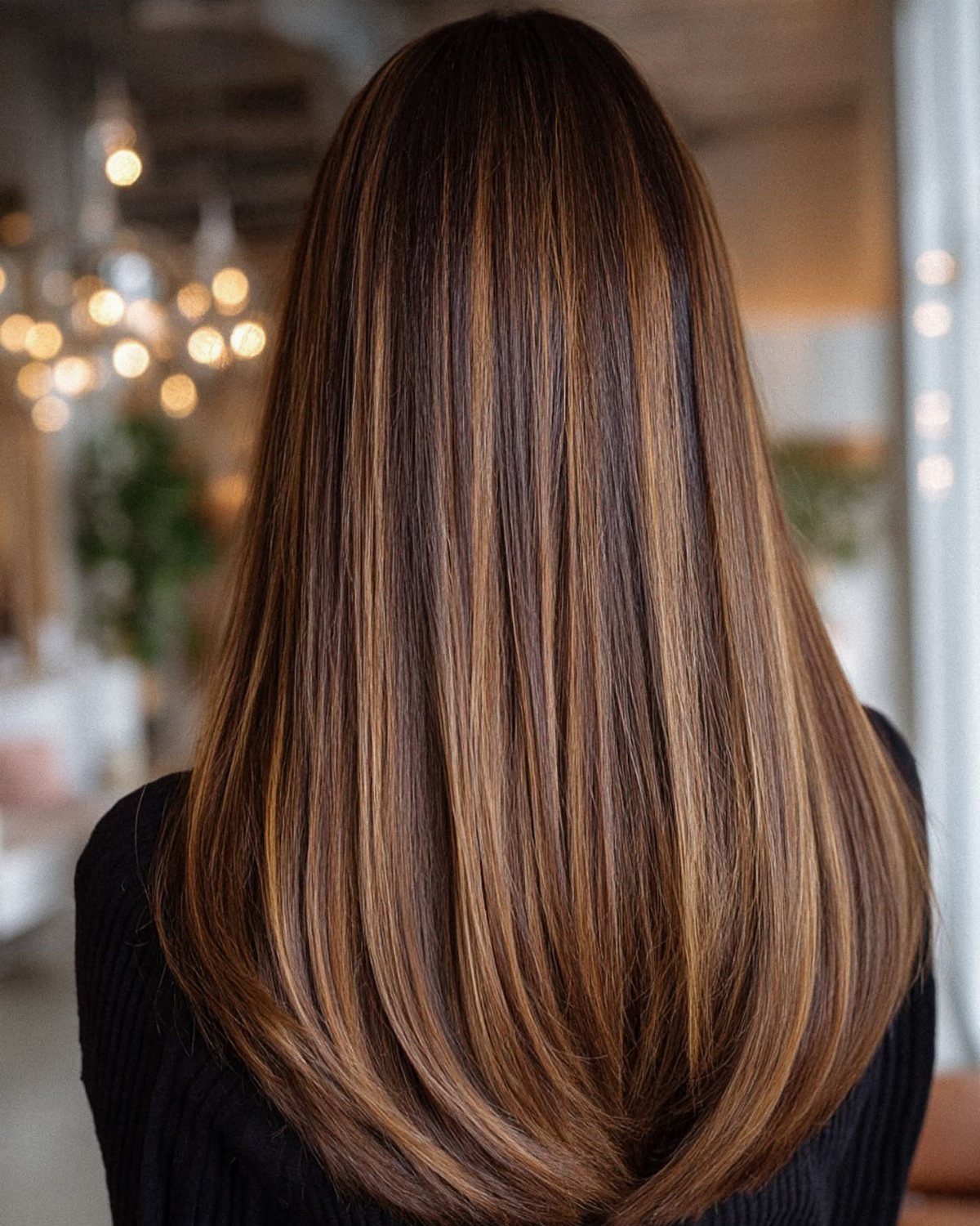 Long straight brown hair with highlights, cut into soft layers with rounded ends