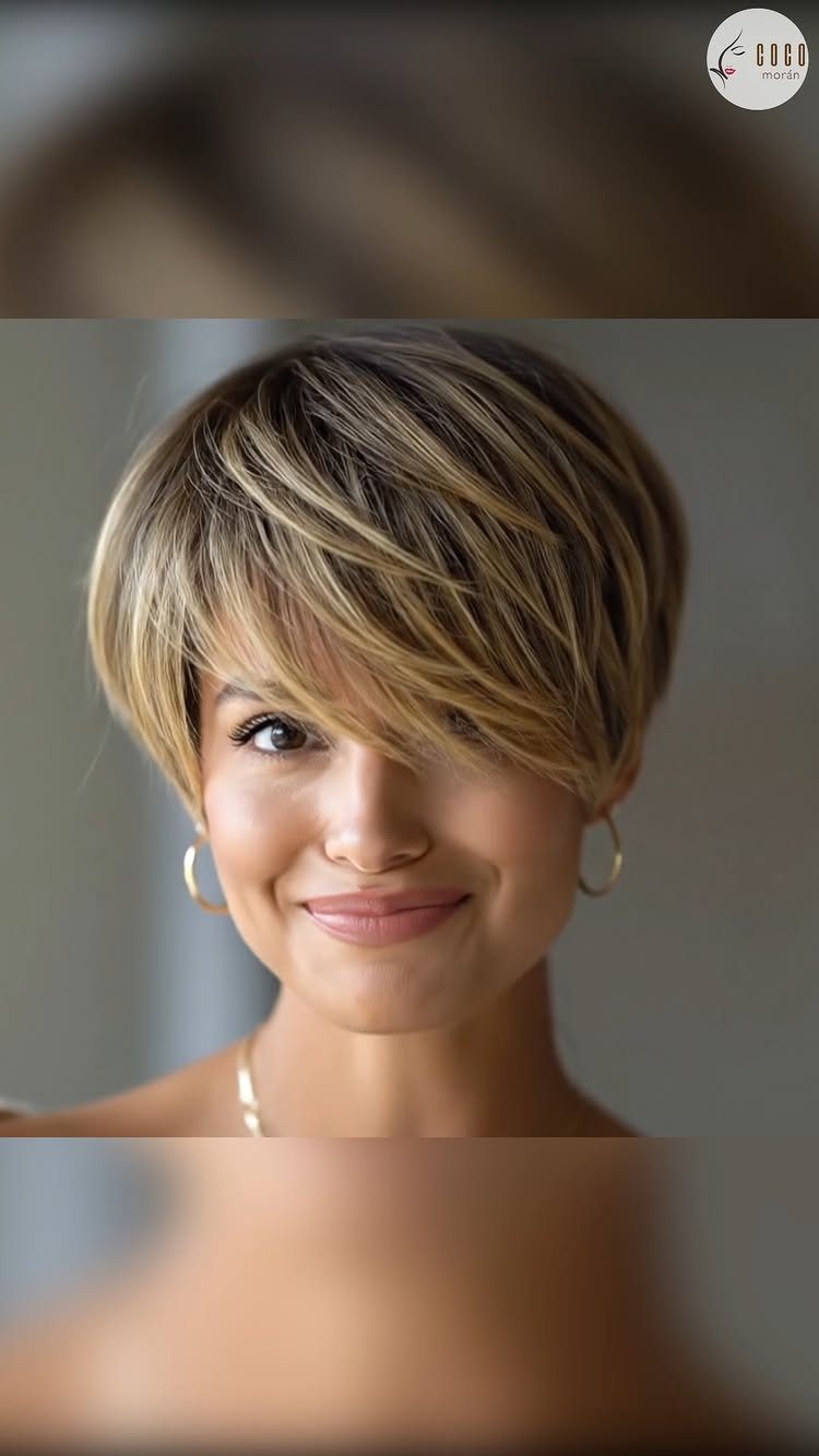 Woman showing a short layered bob with blonde highlights and side-swept bangs