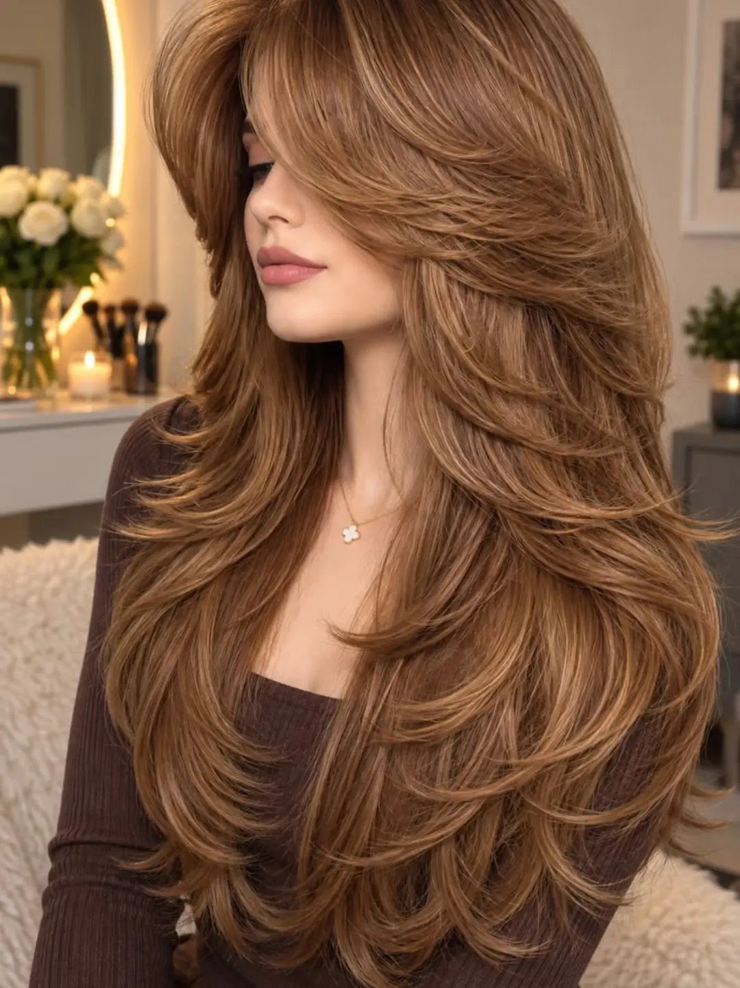 Woman with long layered brown hair and a sweeping arched fringe