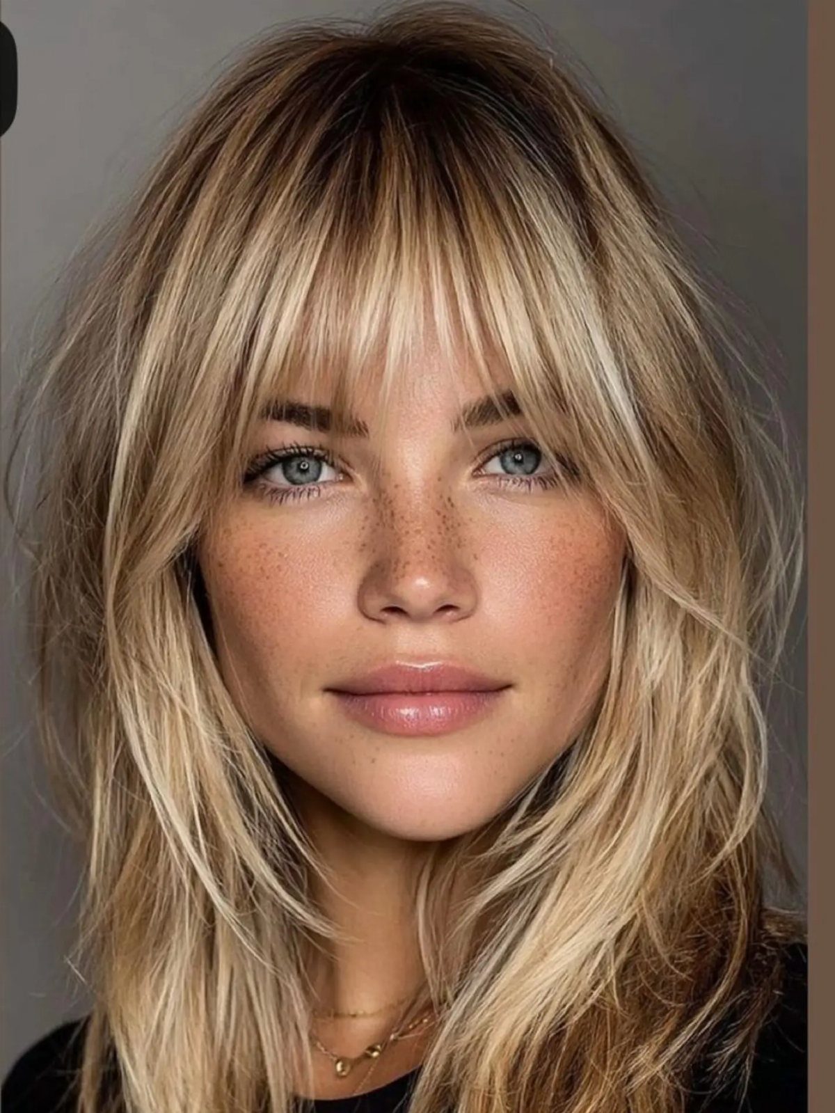 Woman with blonde bottleneck bangs and long, layered hair