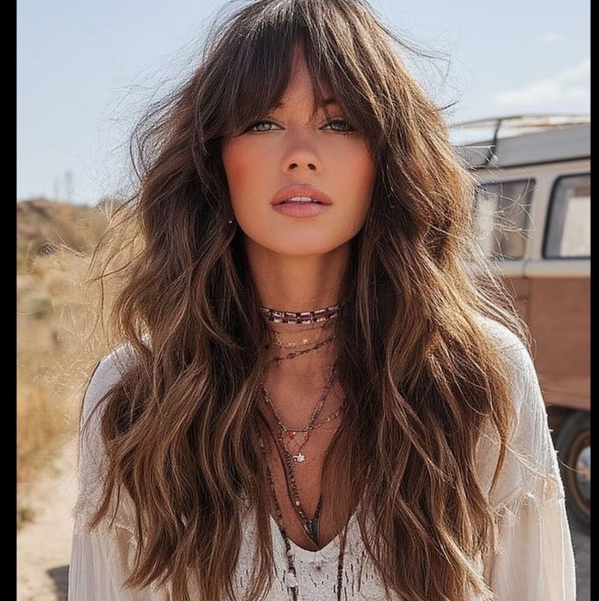 Woman with long, tousled brown shag layers and face-framing bangs
