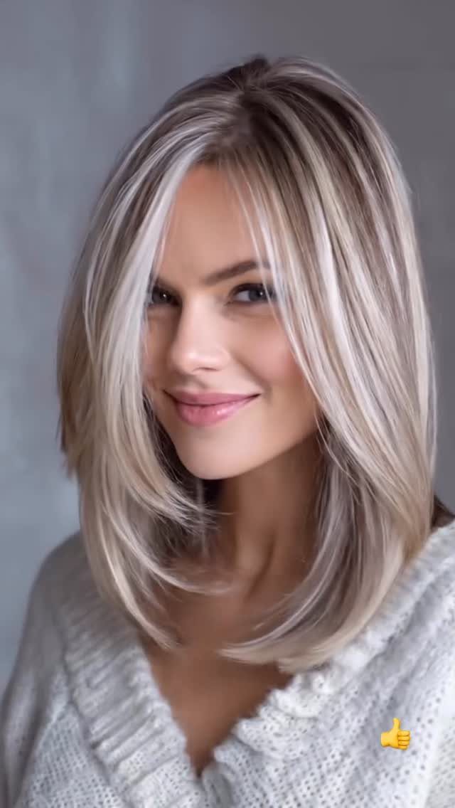 Woman with shoulder-length blonde hair styled in smooth, face-framing layers
