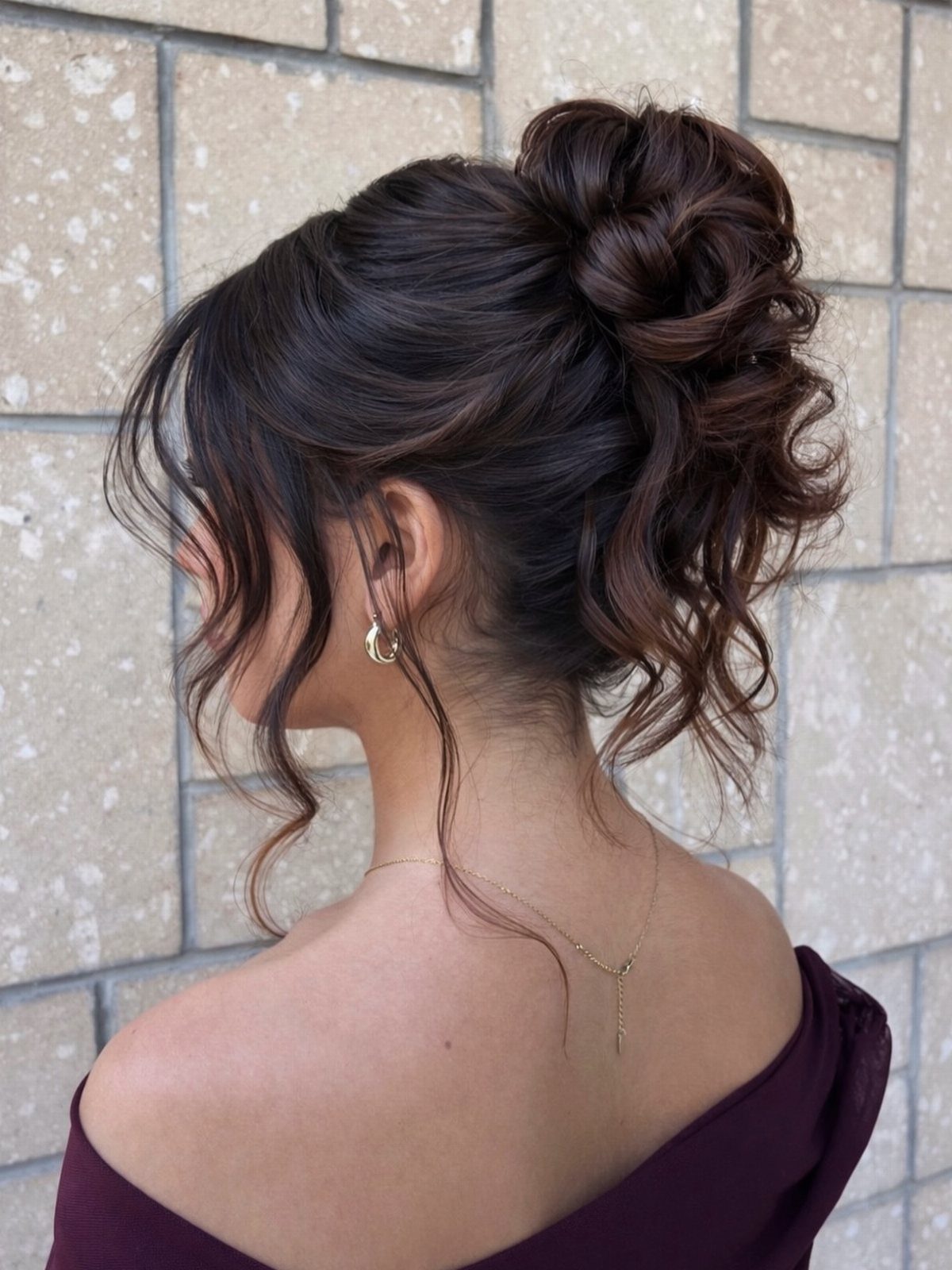Woman wearing a loose messy bun with curled tendrils against a stone wall