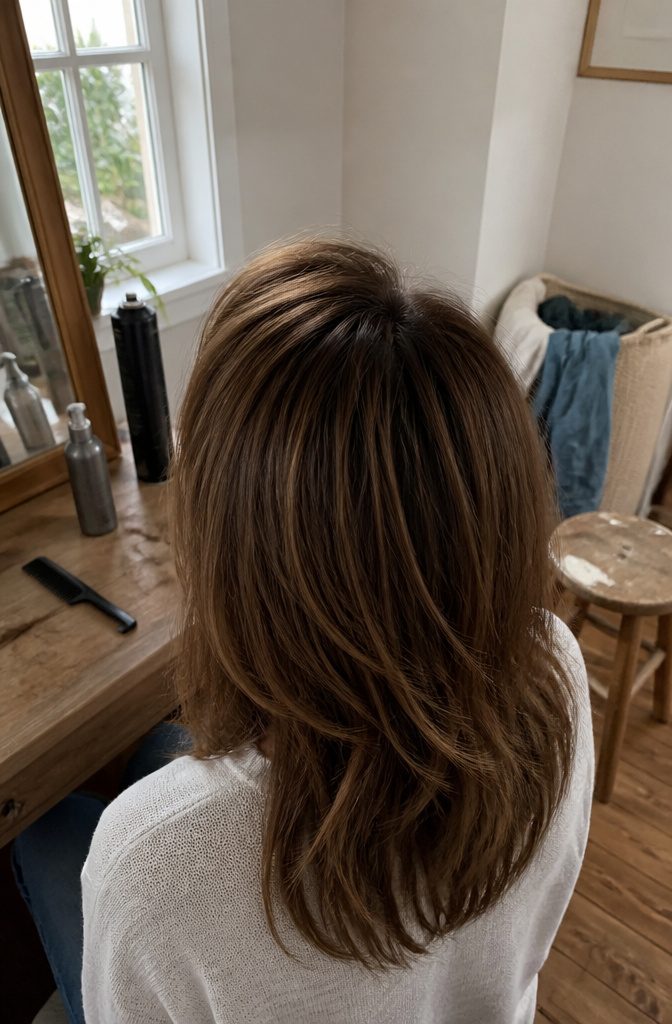 Teased front hair blending short bangs into fuller layers