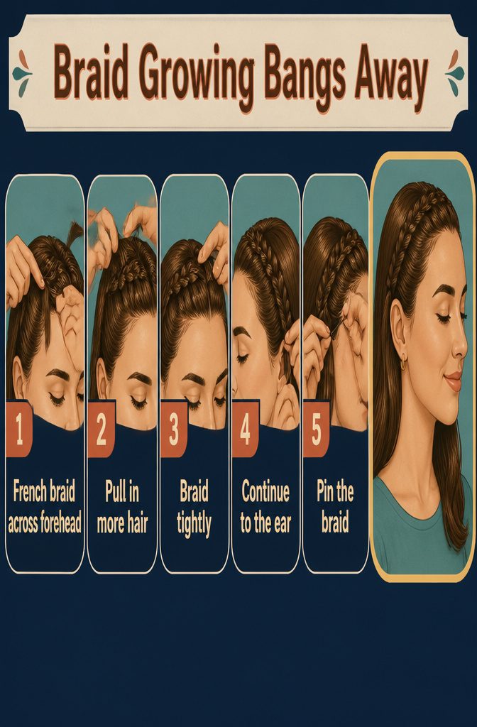 Braided bangs woven along the forehead toward the ear