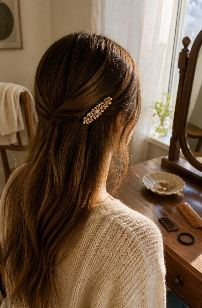 Sparkling embellished barrette securing bangs to one side