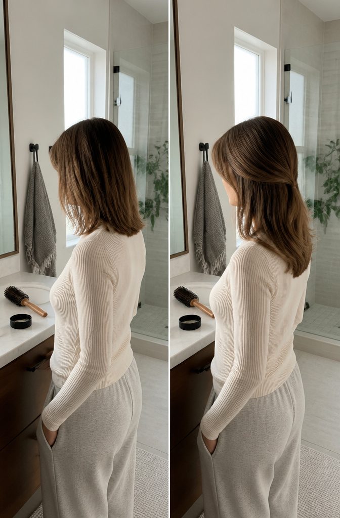 Hair swept deeply to one side with bangs blended into layers