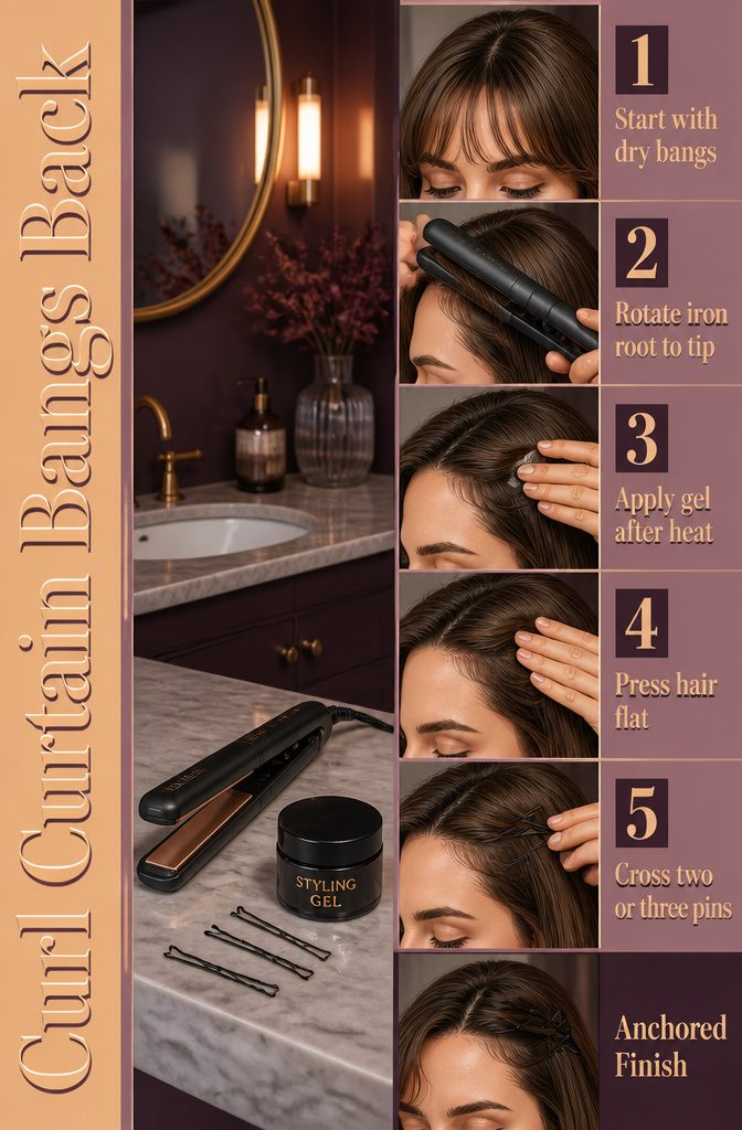 Curtain bangs curled back and secured with gel and pins