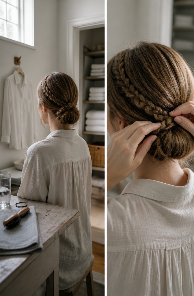Front braid joined to a bun at the back of the head