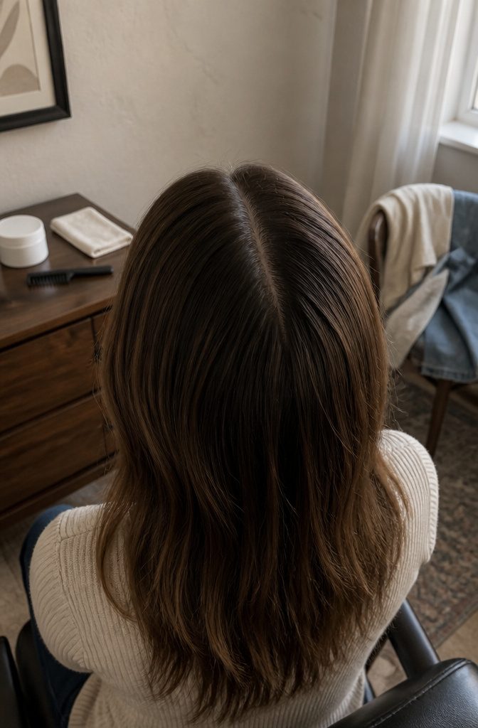 Center-parted hair with bangs directed toward both temples