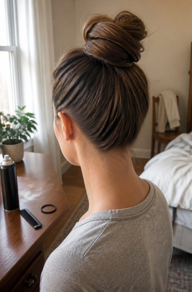 High top knot with short bangs pinned away from face