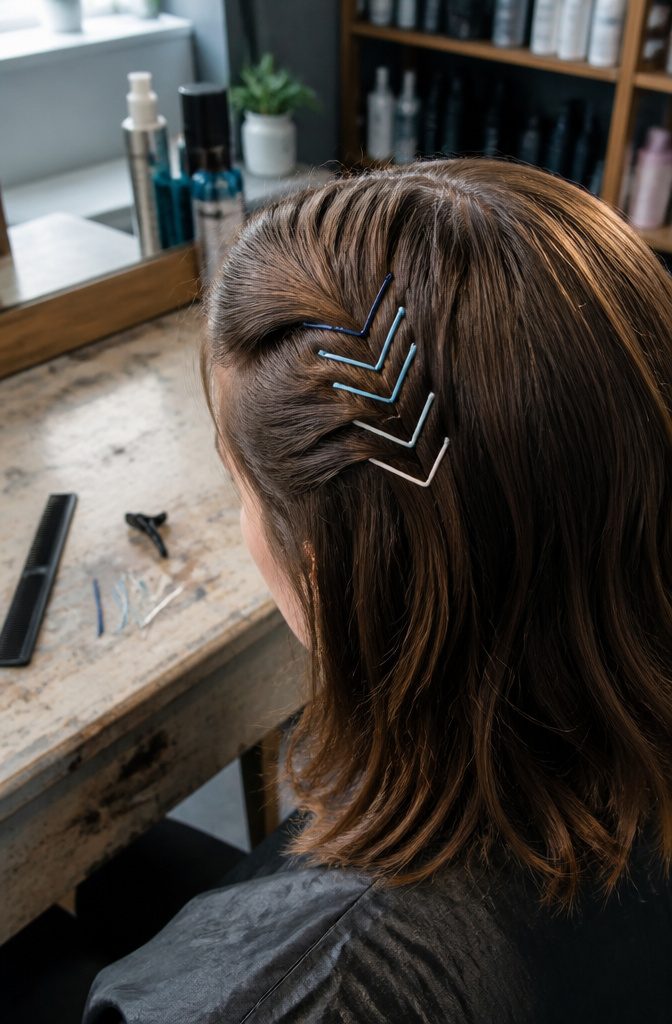 Short bangs secured with navy light blue and white bobby pins