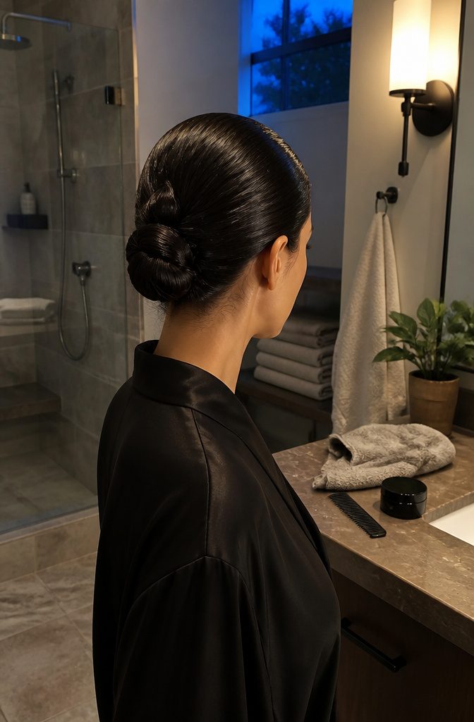 Gel-slicked bangs combed tightly back from the forehead