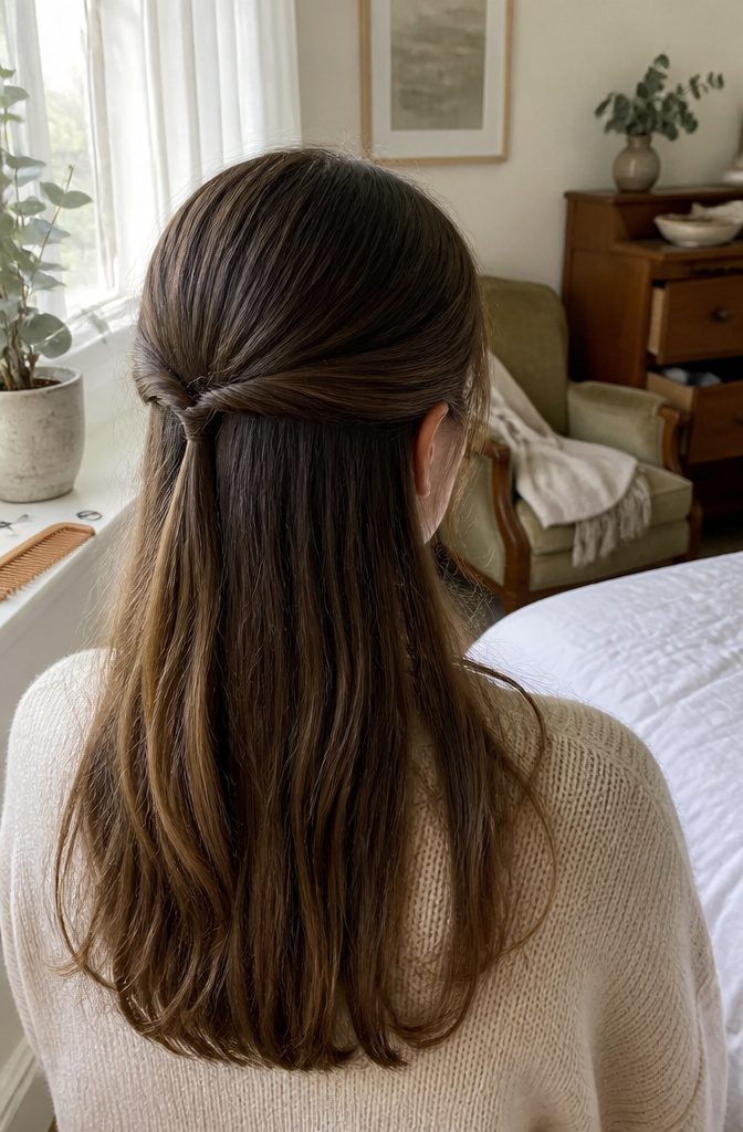 Loose hair with side sections tucked behind both ears