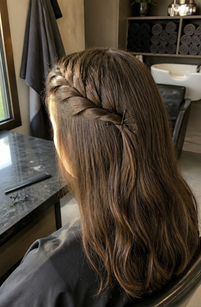 Twisted bangs pinned to one side away from the forehead