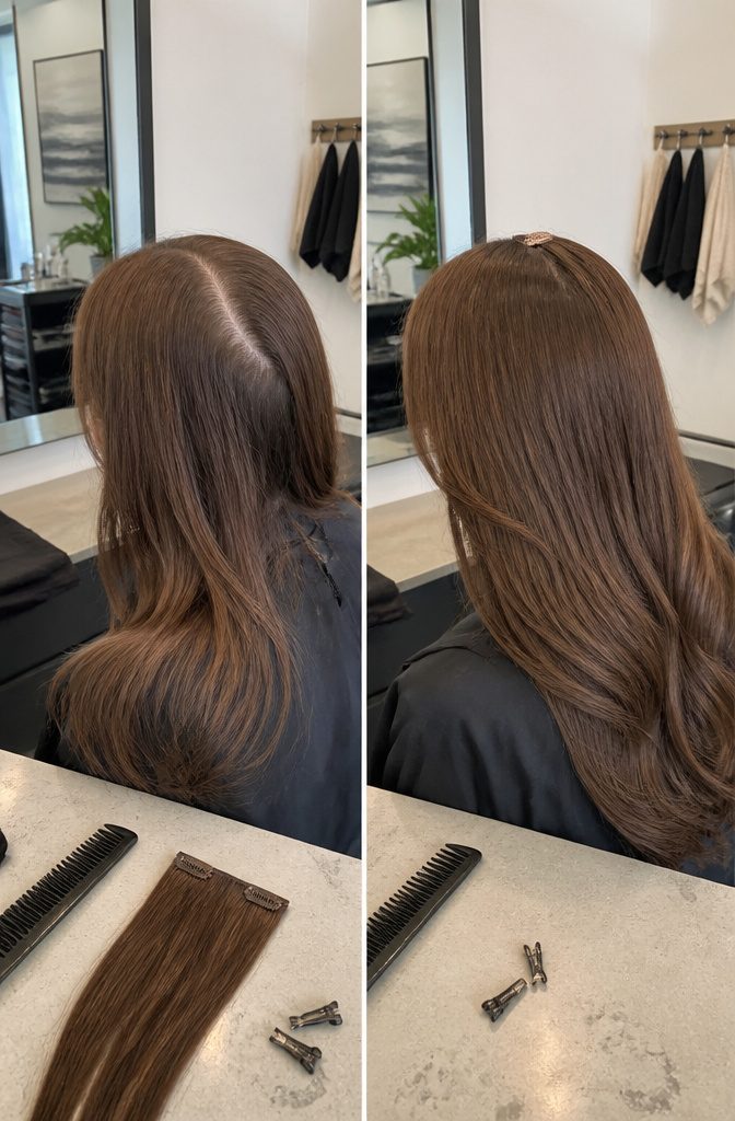 Clip-in hair extensions layered over bangs near the part
