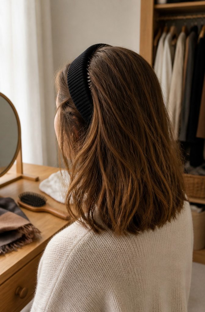 Headband and scarf styled over hair to hold bangs back