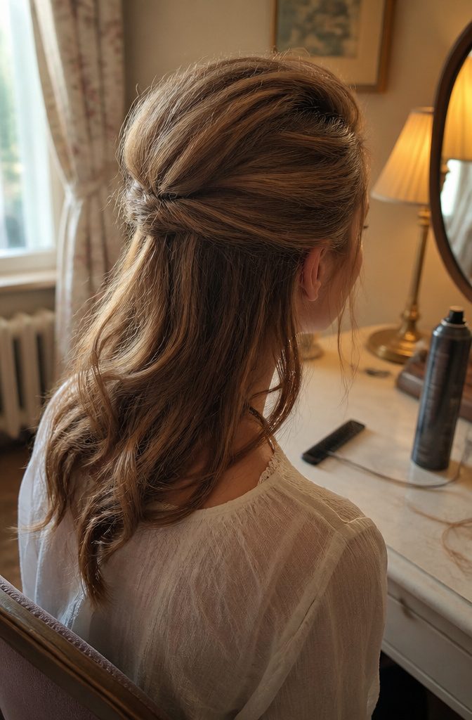 Lifted bangs pinned into a voluminous front pouf