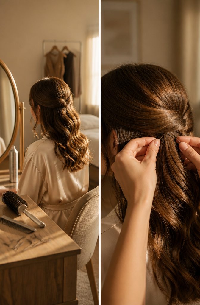 Deep side part with bangs blended into loose waves