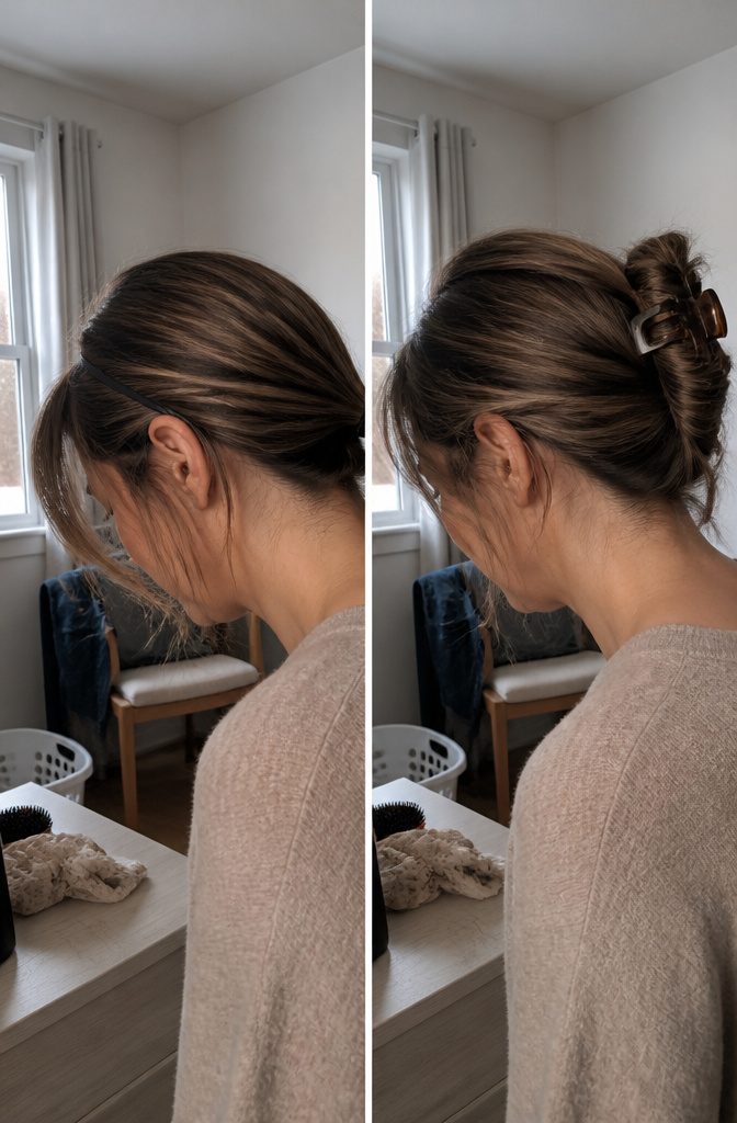 Short growing-out bangs resting above the eyebrows