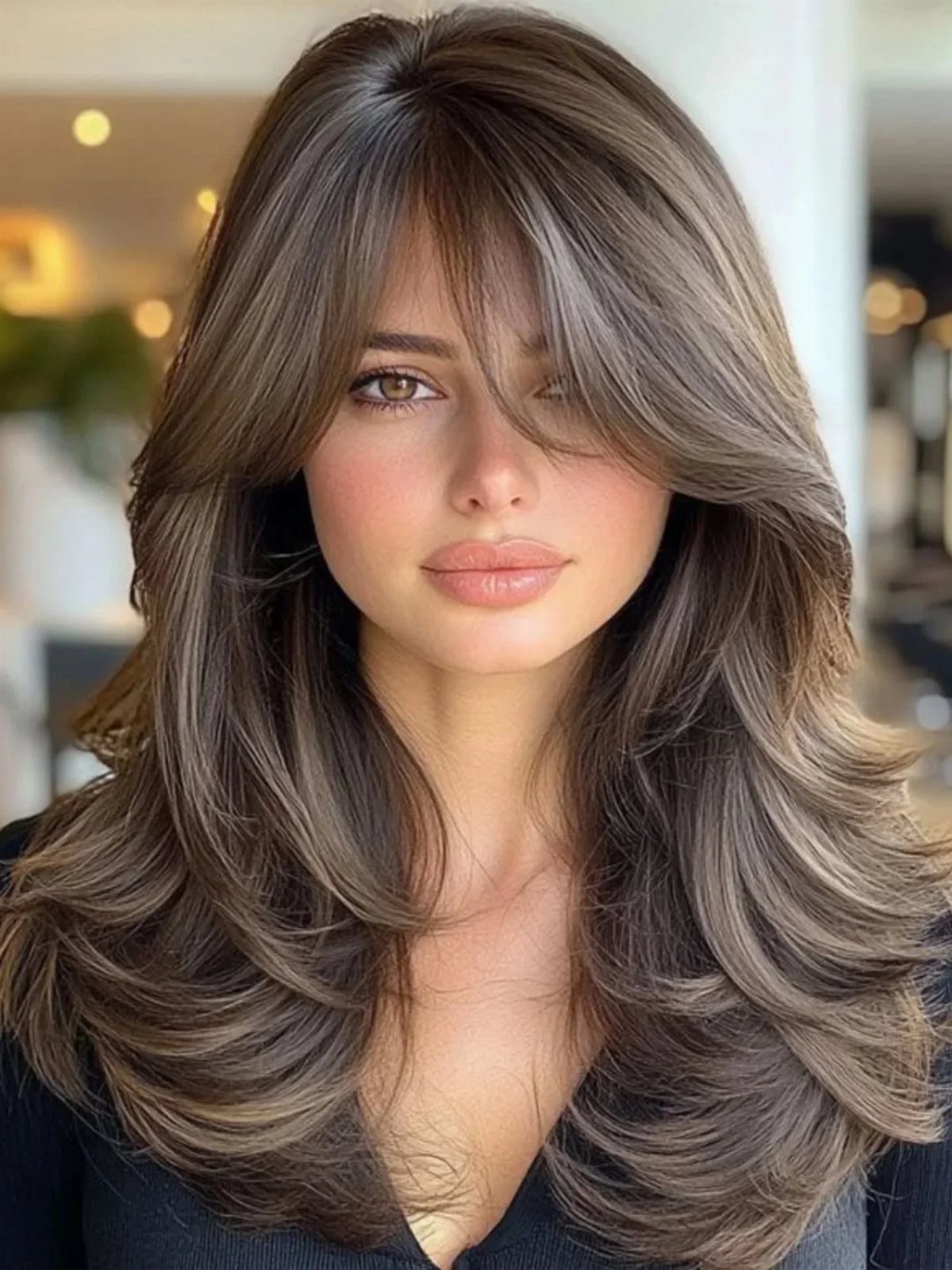 Woman with long layered brown hair and airy, tapered bangs