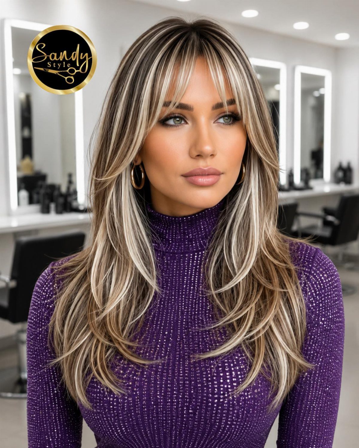 Woman with blonde-highlighted bangs and long layered brown hair in a salon