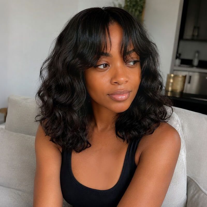 Woman showing shoulder-length wavy bob with wispy bangs indoors