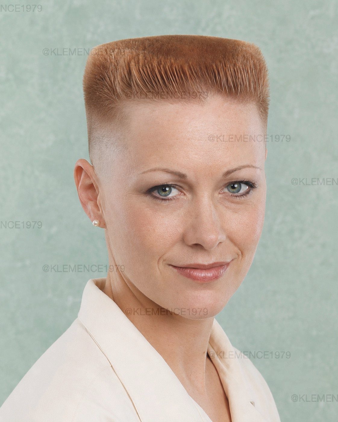 Woman with a high, flat reddish-brown top and closely cropped sides
