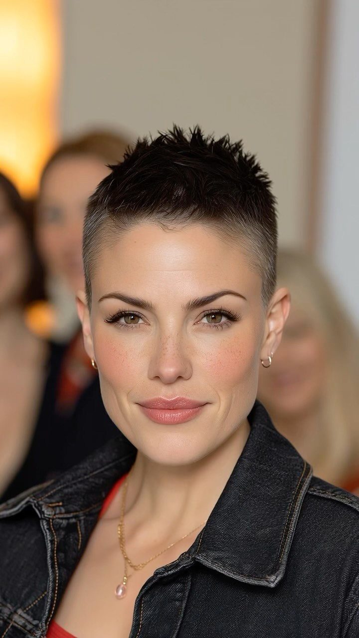 Woman with a short, spiky high and tight haircut and closely clipped sides