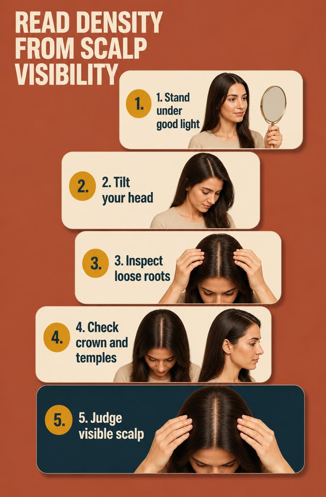 Beauty graphic comparing scalp visibility across three hair density levels