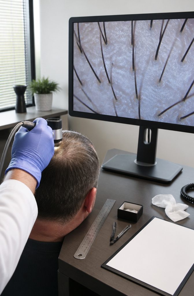 Magnified scalp section with individual hairs emerging from separated follicles