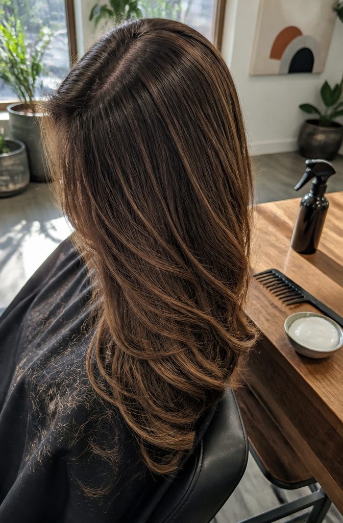 Full-looking hair with small areas of visible scalp between roots