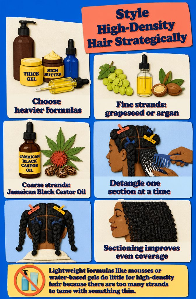 Beauty graphic showing sectioned hair with thick gel oil and styling tools