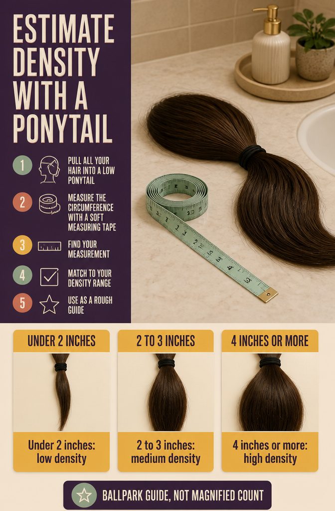 Beauty graphic showing a measuring tape around a gathered ponytail