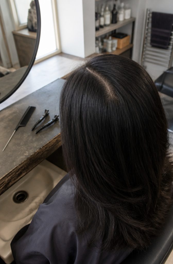 Dark hair strands packed closely together around a narrow scalp part