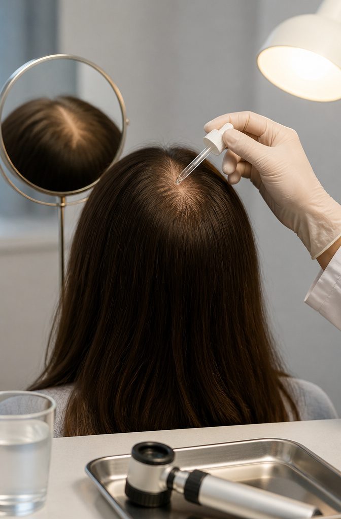 Dermatologist examining a person's scalp with a handheld magnifier