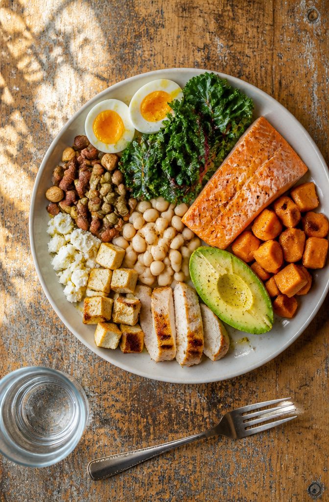 Plate of eggs fish beans nuts and avocado arranged as a balanced meal