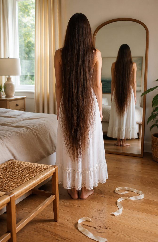 Very long natural hair falling below the shoulders with short broken hairs near the tips
