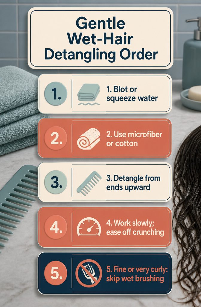 Beauty infographic showing the steps for gently detangling wet hair
